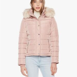 Women's Mauve Puffer Jacket with Faux Fur Trim Sz 6